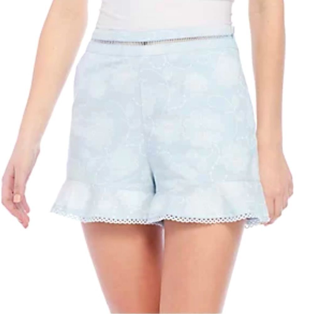 J.O.A. Light Blue Floral Printed Ruffle Hem Shorts